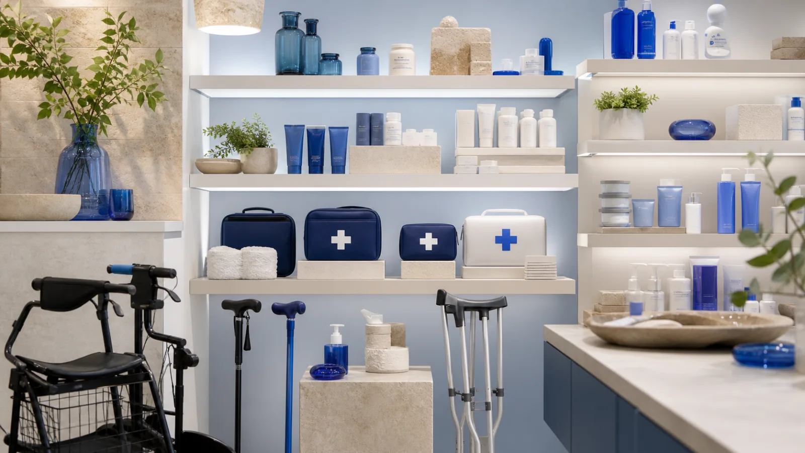 Well-stocked pharmacy shelves